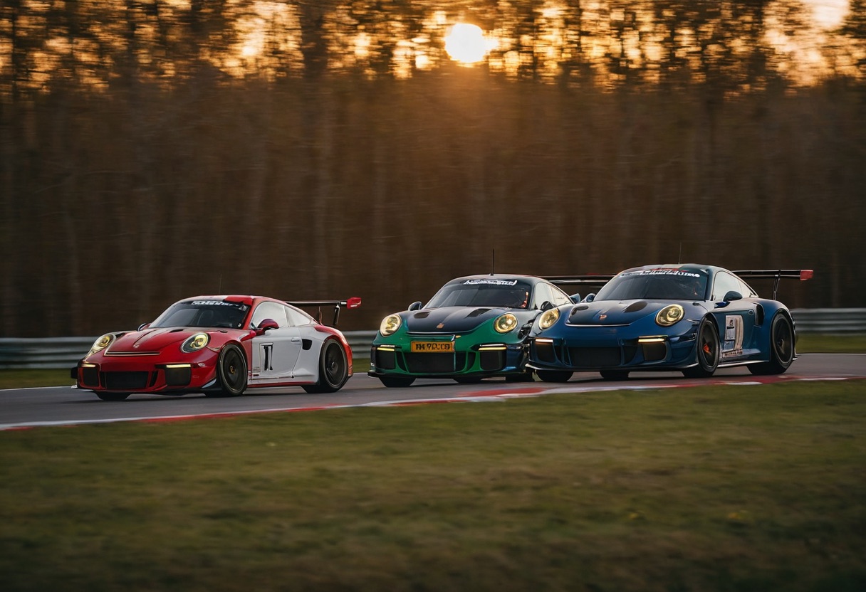 Three GT3 endurance race cars running in close formation into a corner in low golden-hour sunlight.