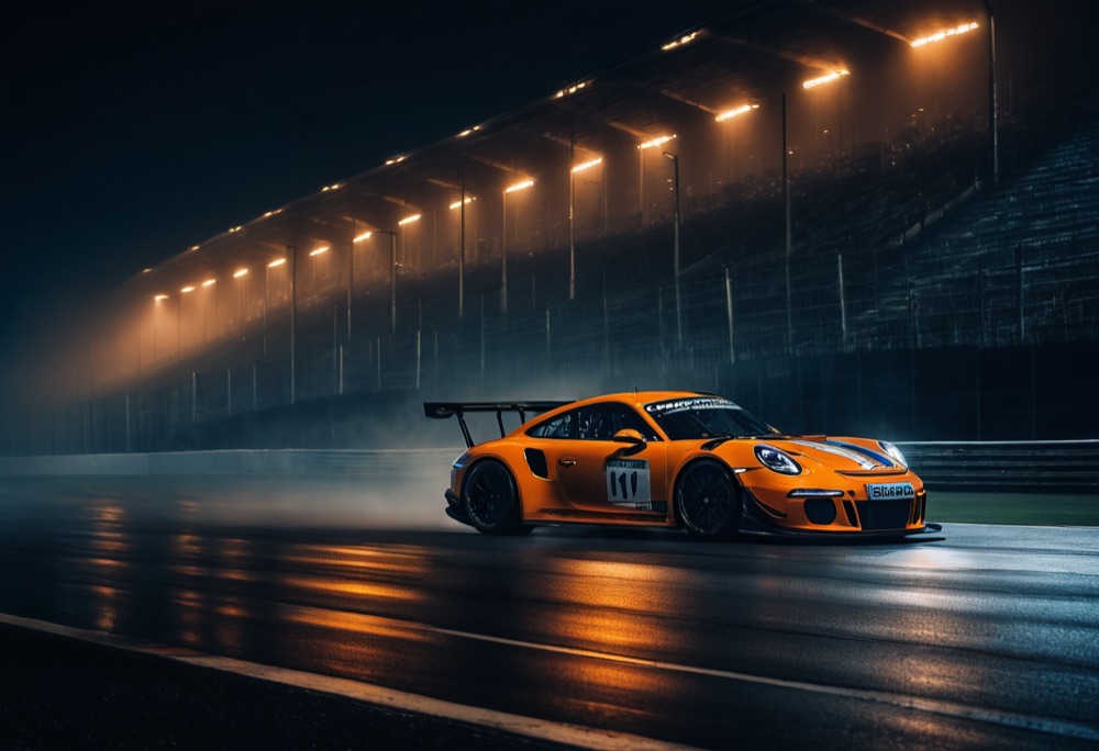 A GT3 car at speed on wet asphalt under a long row of stadium floodlights at night.